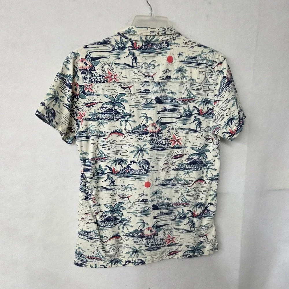 J Crew Loop Collar Shirt Men Slub Cotton Hawaiian Print Short Sleeve Button Up M